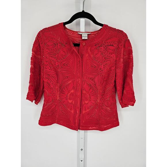 Peter Nygard Women's Red 1/2 Sleeve Round Neck Ruffle Design Top Size 8 - Picture 1 of 5